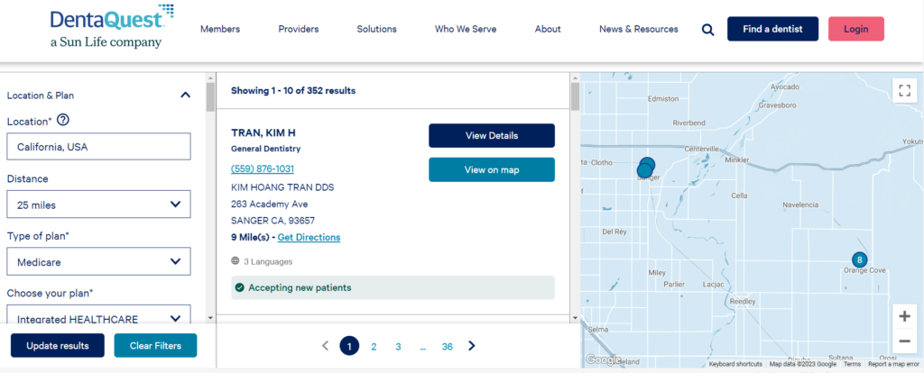 Denta Quest tool showing location and address of the Wellcare dentists