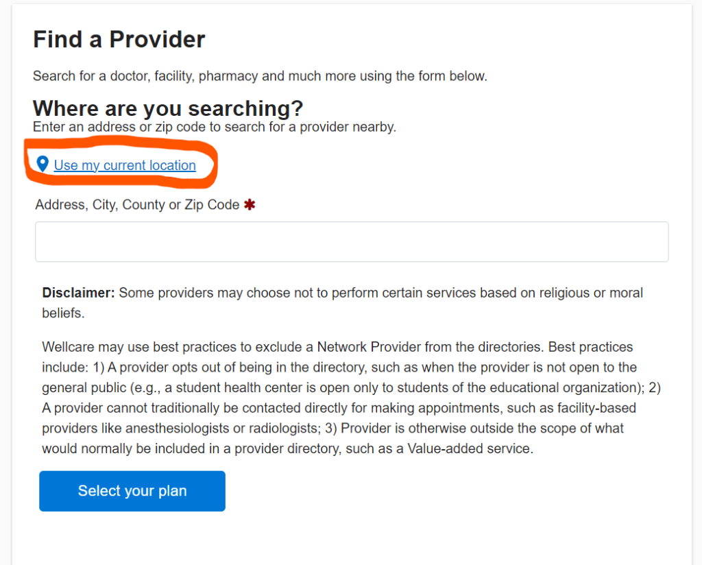 Wellcare Provider tool asking to fill the details