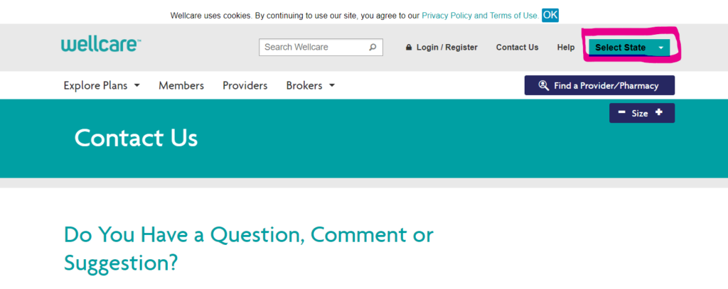 Wellcare contact us page showing state dropdown list
