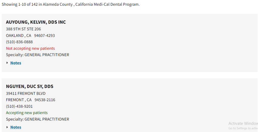 Dentists that accept Medi Cal in Alameda County directory search results