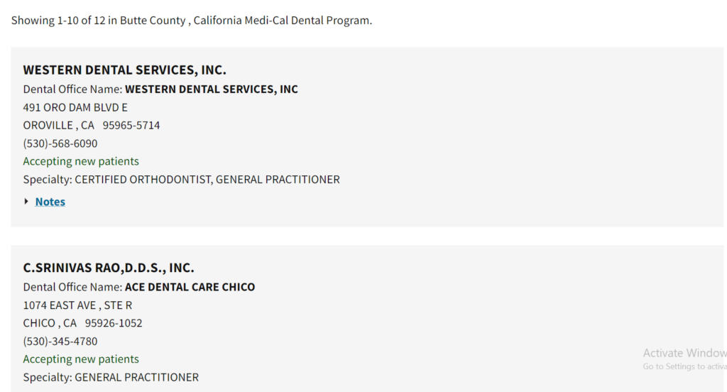 Dentists that accept Medi Cal in Butte County directory search results