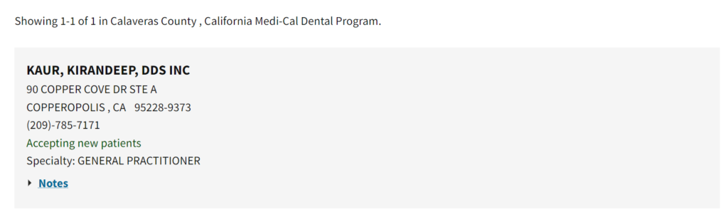 Dentists that accept Medi Cal in Calaveras County directory search results