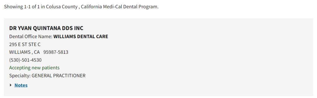 Dentists that accept Medi Cal in Colusa County directory search results