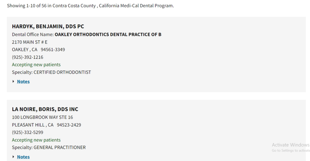 Dentists that accept Medi Cal in Contra Costa County directory search results