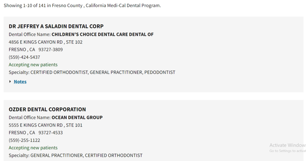 Dentists that accept Medi Cal in Fresno County directory search results