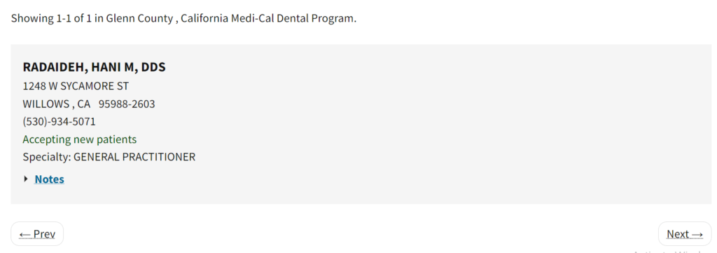 Dentists that accept Medi Cal in Glenn County directory search results