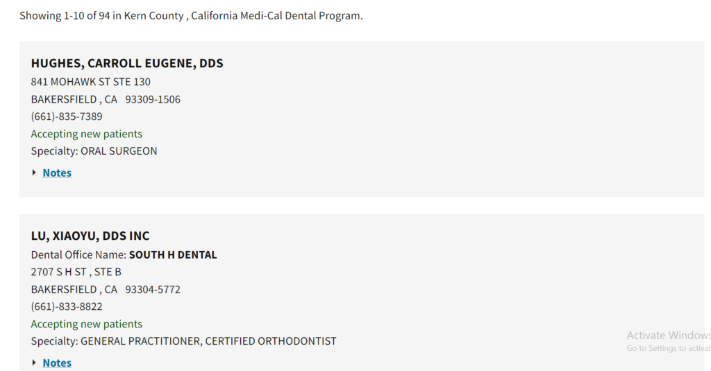 Dentists that accept Medi Cal in Kern County directory search results