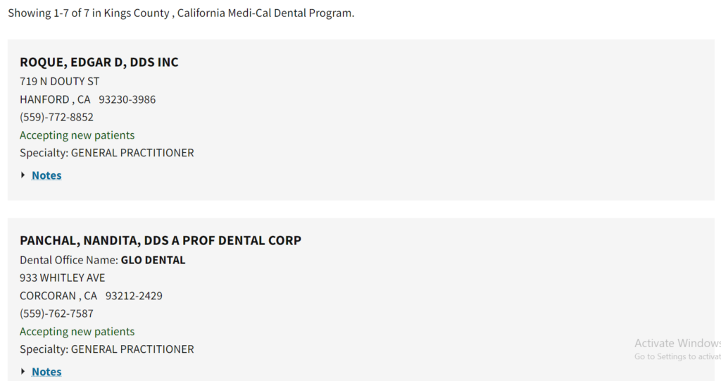 Dentists that accept Medi Cal in Kings County directory search results