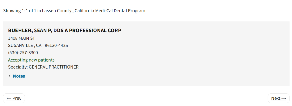 Dentists that accept Medi Cal in Lassen County directory search results