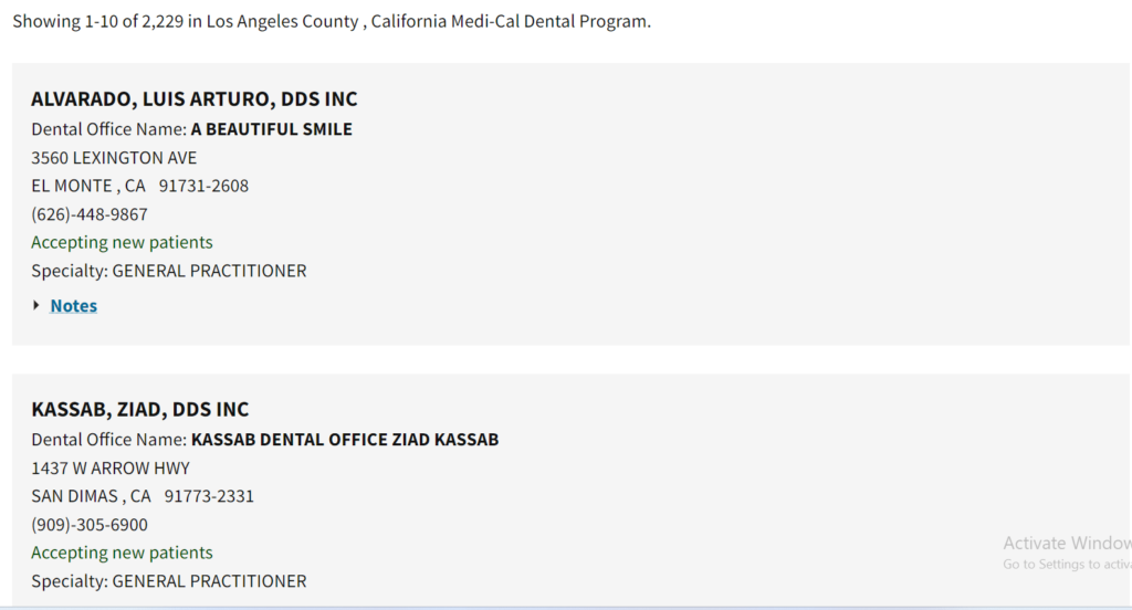 Dentists that accept Medi Cal in Los Angeles County directory search results