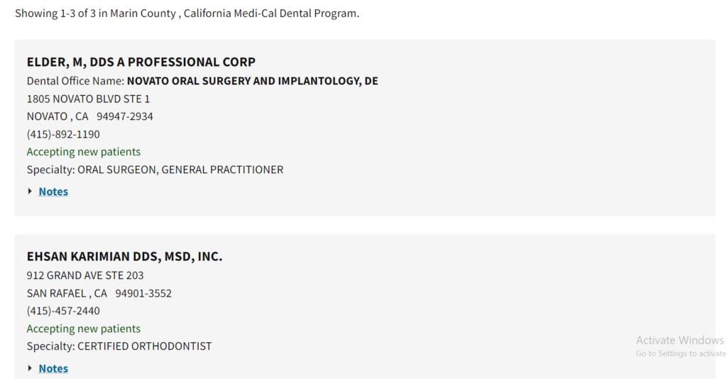 Dentists that accept Medi Cal in Marin County directory search results