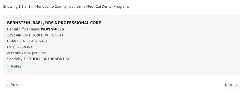 Dentists that accept Medi Cal in Mendocino County directory search results