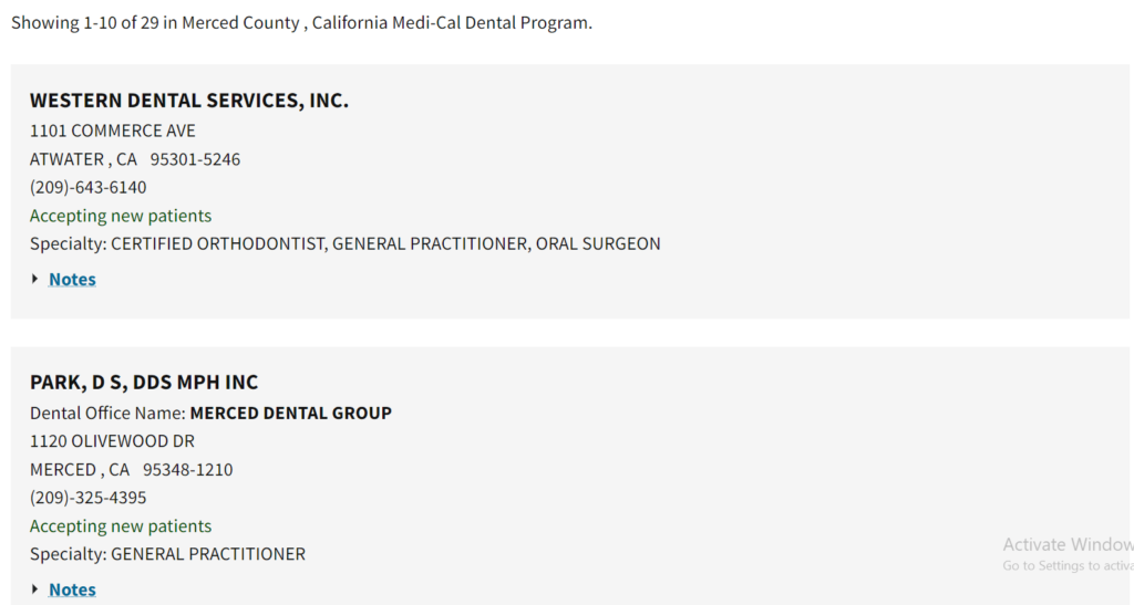 Dentists that accept Medi Cal in Merced County directory search results