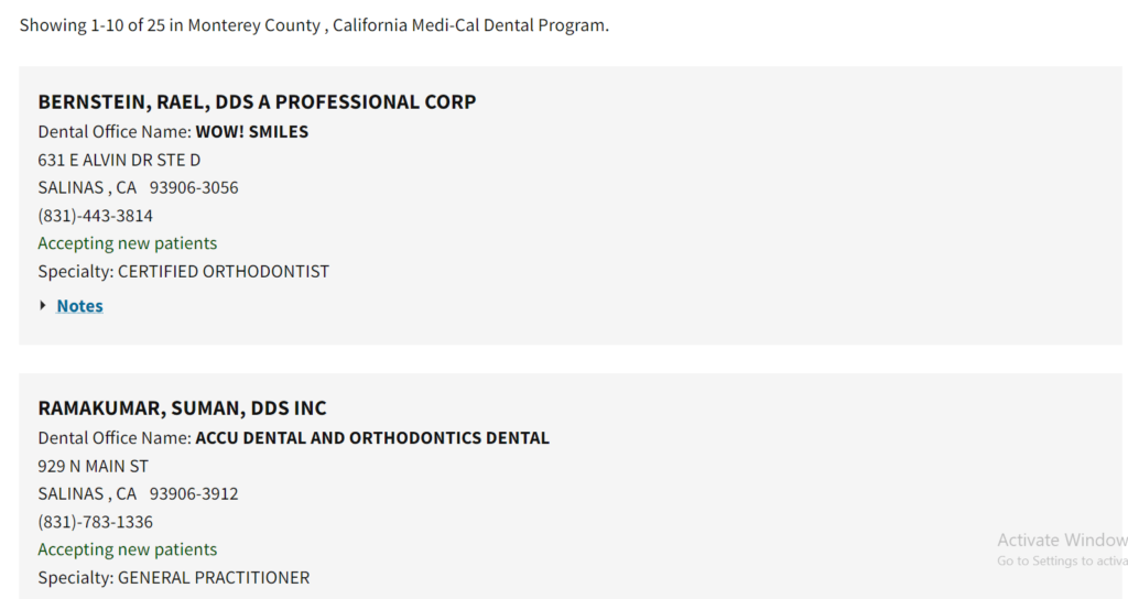 Dentists that accept Medi Cal in Monterey County directory search results