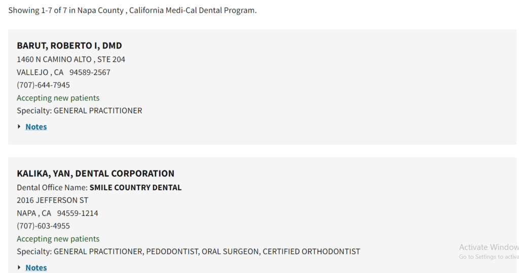 Dentists that accept Medi Cal in Napa County directory search results