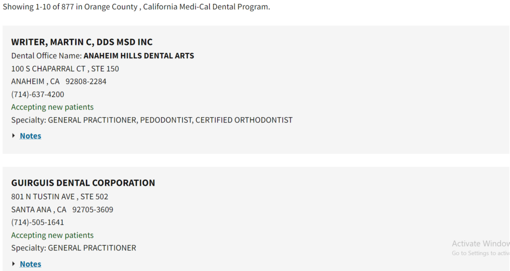 Dentists that accept Medi Cal in Orange County directory search results