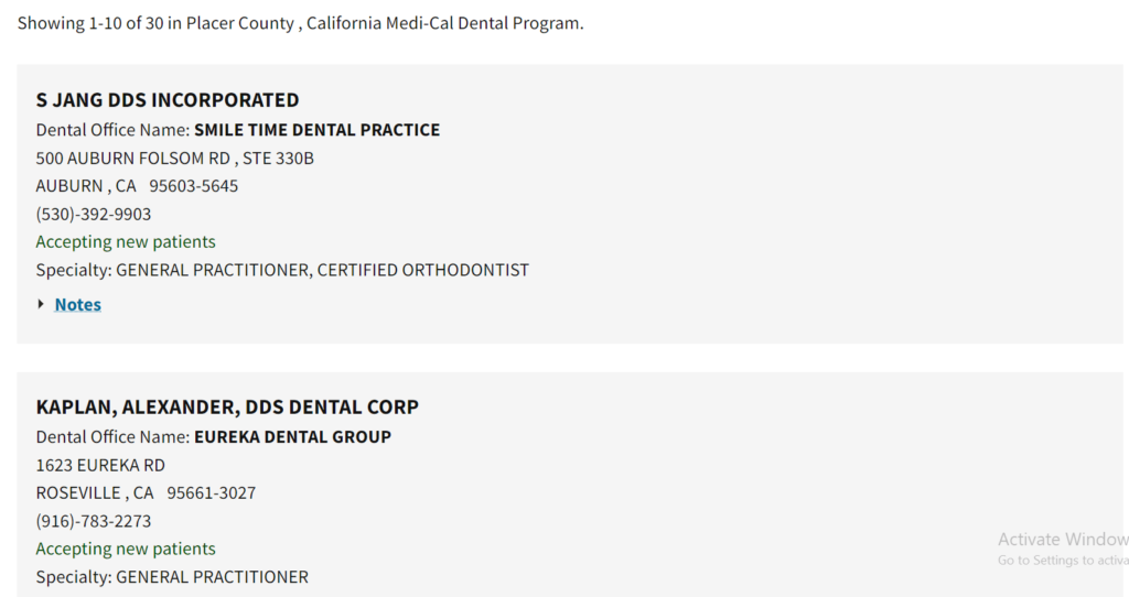 Dentists that accept Medi Cal in Placer County directory search results