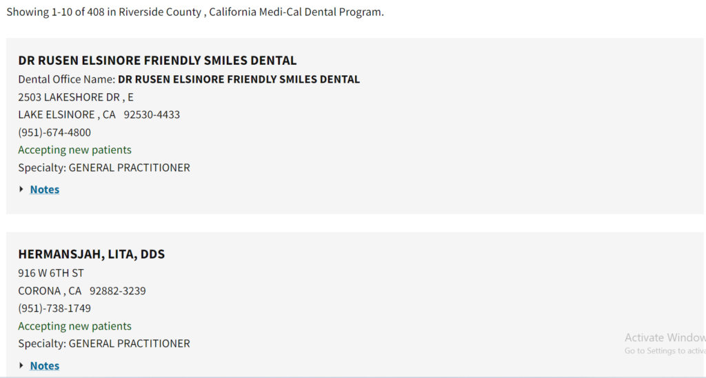 Dentists that accept Medi Cal in Riverside County directory search results