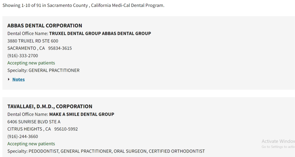 Dentists that accept Medi Cal in Sacramento County directory search results