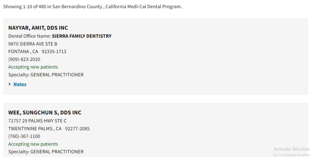 Dentists that accept Medi Cal in San Bernardino County directory search results