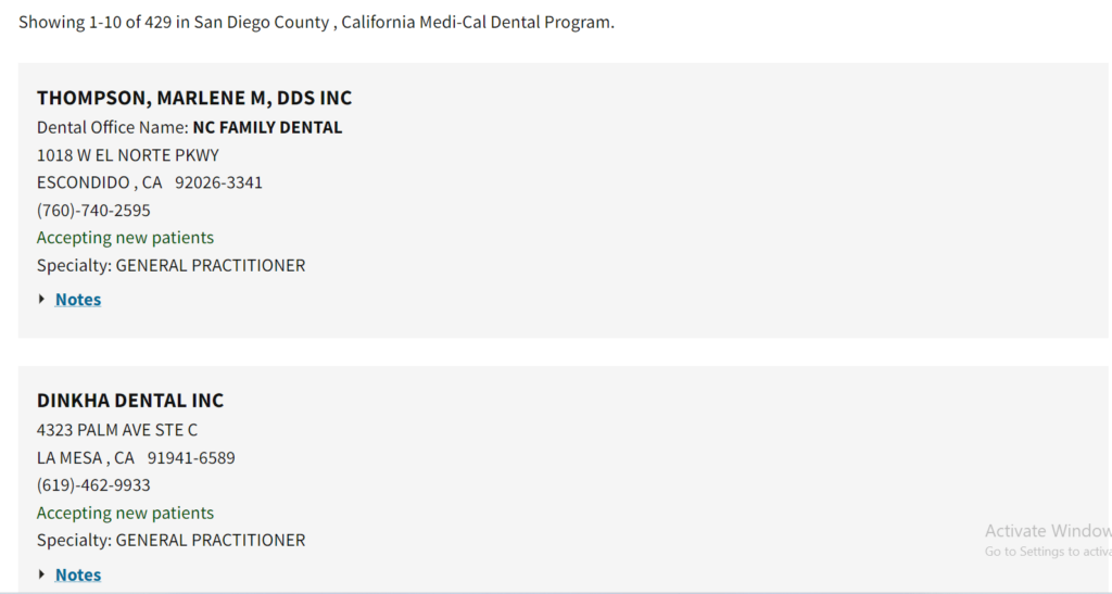 Dentists that accept Medi Cal in San Diego County directory search results