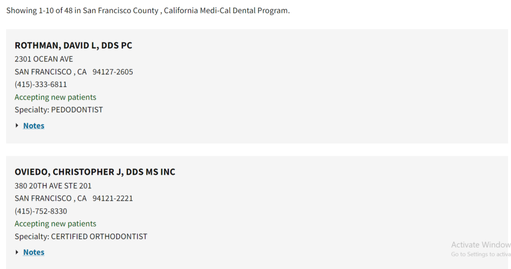 Dentists that accept Medi Cal in San Francisco County directory search results