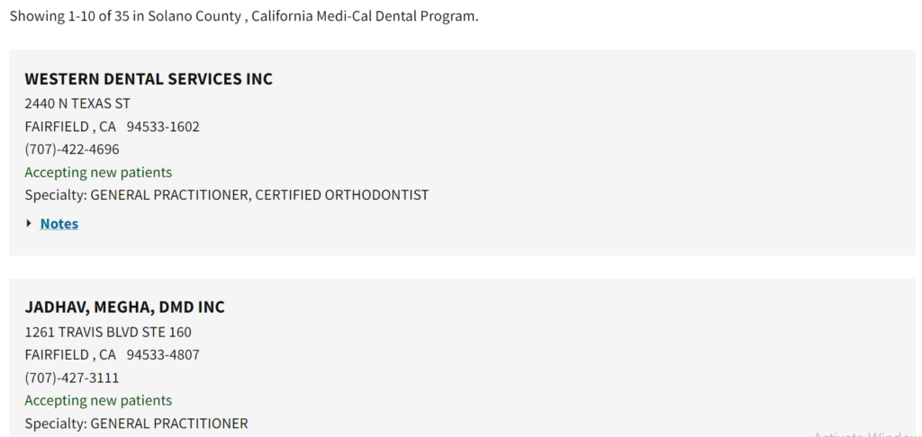 Dentists that accept Medi Cal in Solano County directory search results