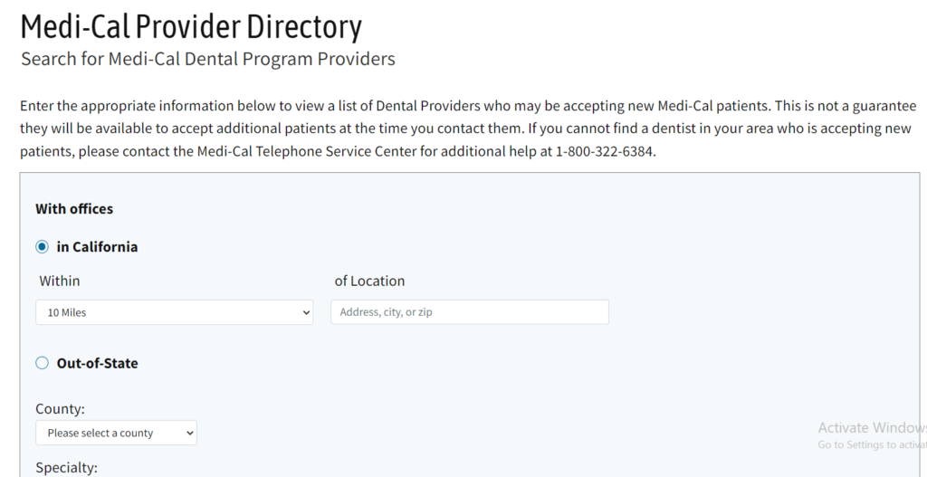 Medi-Cal Provider Directory search Tool Page