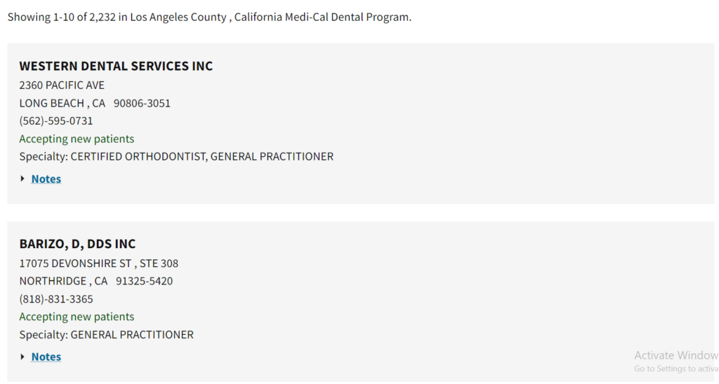 Medi-Cal Provider directory Search results after Dentists search