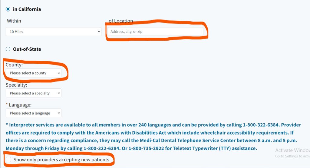 Medi Cal providers directory tool page asking for location details