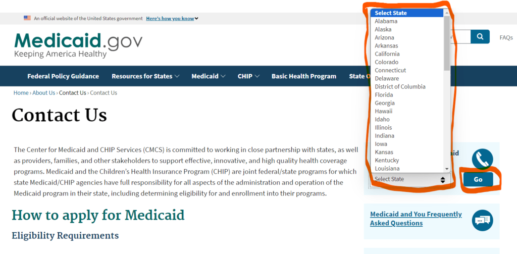 Medicaid gov contact us page having state wise contact list