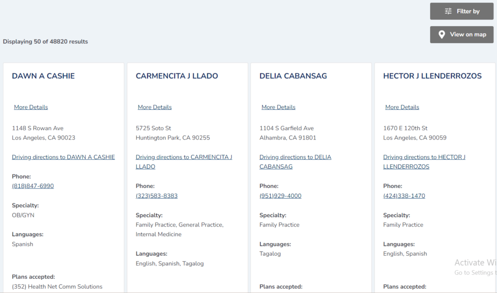 Providers Directory Tool showing List of Medi-Cal Doctors in Los Angeles county