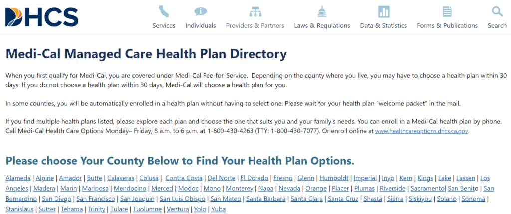 Medi-Cal managed care Health care Plan Directory with County wise Plan Providers