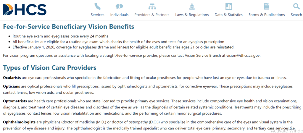 Vision care Providers Details by Department of Healthcare Services to find eye doctors that take Medi-Cal