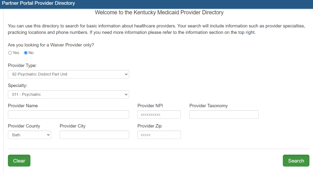 Providers directory tool page by Kentucky to find Psychiatrists that accept Medicaid