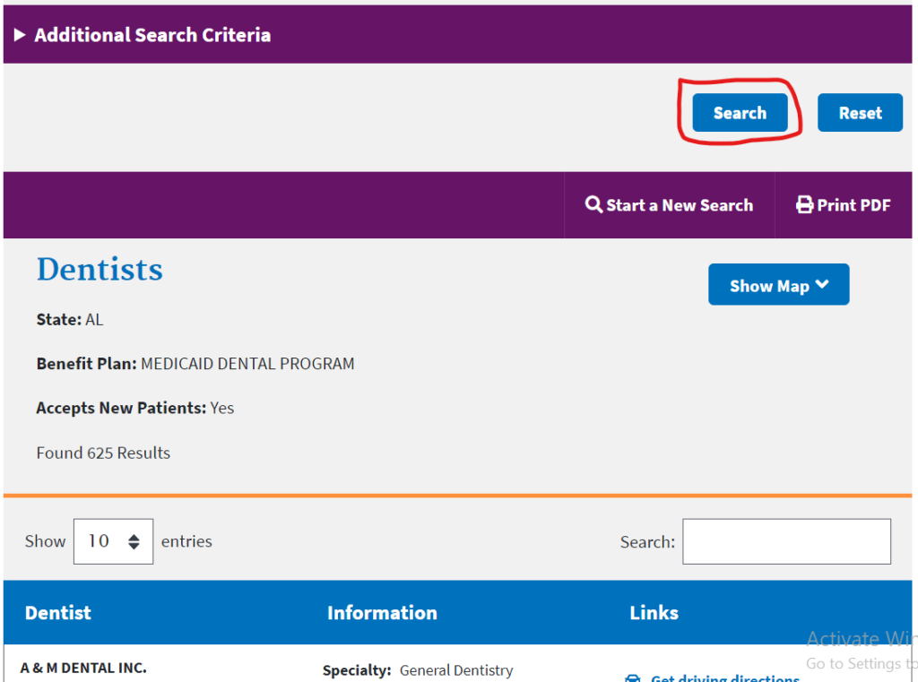 Search button and list of dentists that accept Medicaid