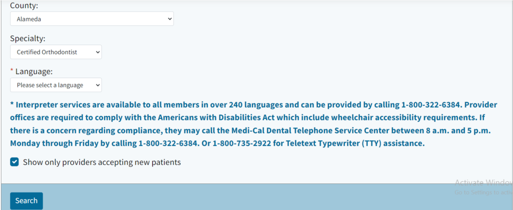 Finding Medi-Cal Orthodontists through Dental providers Directory search tool page