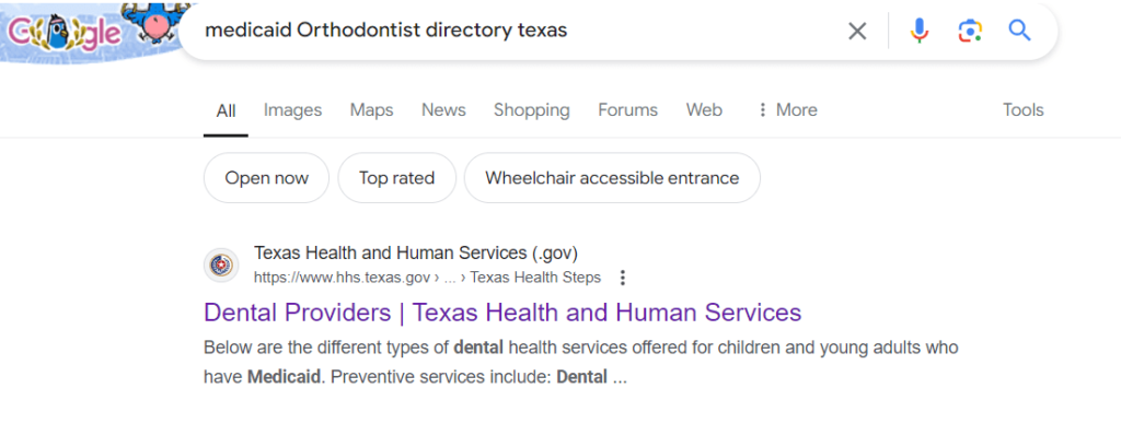 Searching for Orthodontists that accept Medicaid in Browser